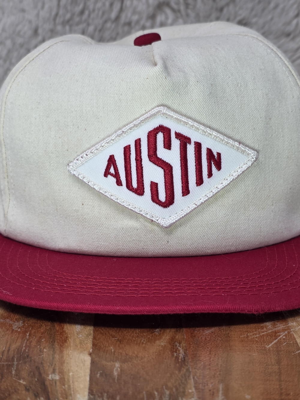 Vintage Austin Embroidered Two-Tone Baseball Cap - Cream & Red